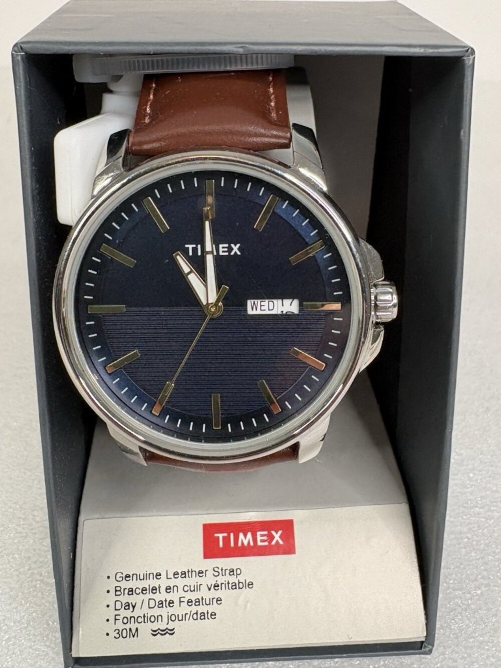 Men's Timex Dress Quartz Blue Dial Day Date Watch Leather Strap TW2V79200